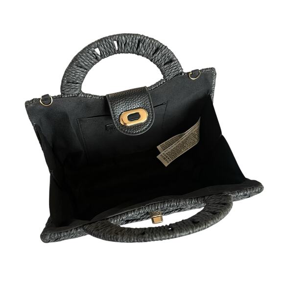 Forever 21 Black Woven Basket Handbag Purse Structured Top Handle Bag Turn Lock - Picture 6 of 10